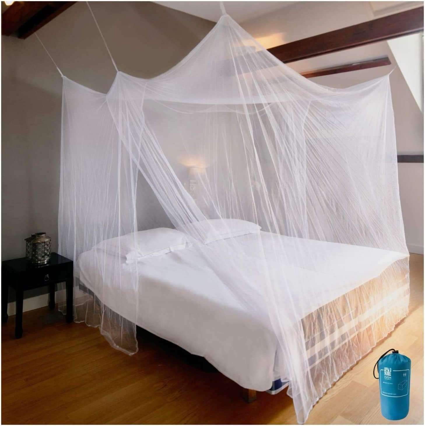 EVEN NATURALS Mosquito NET for Bed Canopy, Tent for Full, Double to Super Queen Size, Large Square Curtains, White Mosquito Netting with 2 Openings, Easy Installation, Carry Bag, Mesh 380 