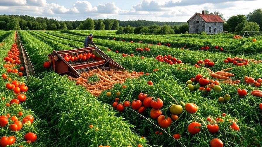 Organic farm with blade mulcher and ripe vegetables, farmhouse in the background.