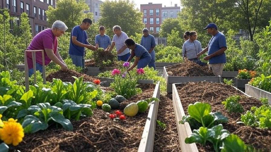 Volunteers applying bulk compost mulch in community organic garden.