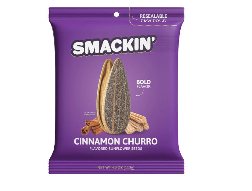 SMACKIN' - Jumbo Roasted Sunflower Seeds, No Salty Burn, American Made, Easy Pour & Seal - Cinnamon Churro, 4oz bag (12 Bags) 
