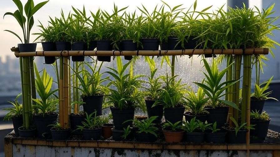 Vertical garden with potted bamboo and drip irrigation on an urban rooftop.