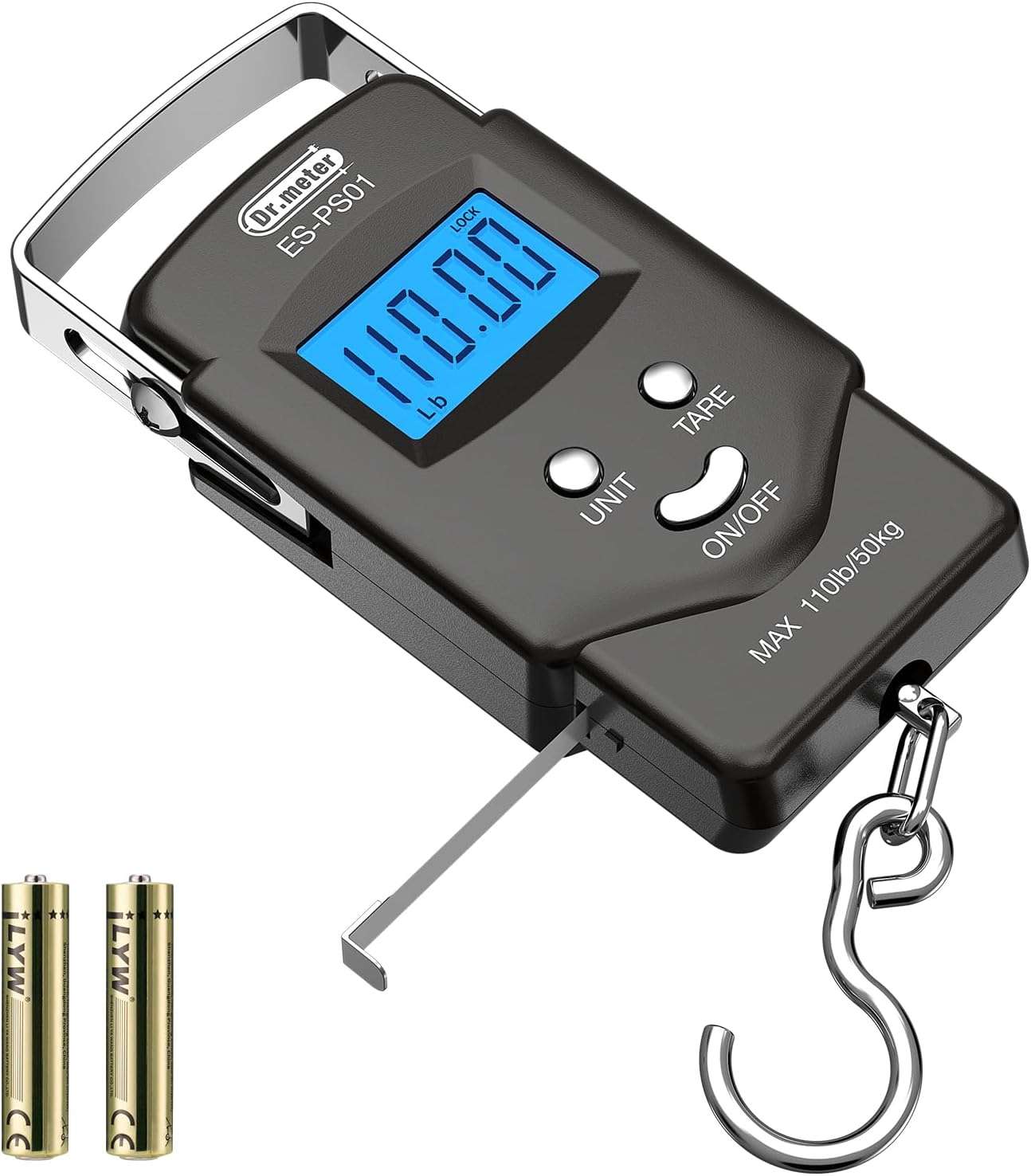Dr.meter Fish Scale Luggage Scale Fishing Gear - 110lb/50kg Backlit LCD Display Digital Scale with Built-in Measuring Tape - Fishing Scale with 2 AAA Batteries, Pocket Size - Fishing Gifts for Men
