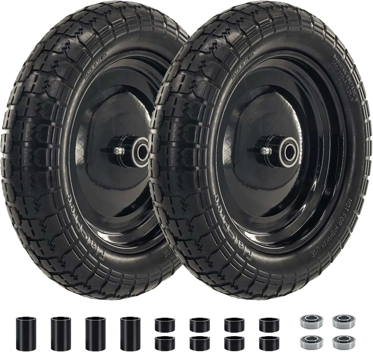 4.80/4.00-8 Tire and Wheel, Wheelbarrow Tire Flat Free with 5/8” Extra 3/4” Bearings, 3”-7” Centered Hub, 14.5” Solid Wheelbarrow Tires for Garden Cart, Dolly (2 Pack)