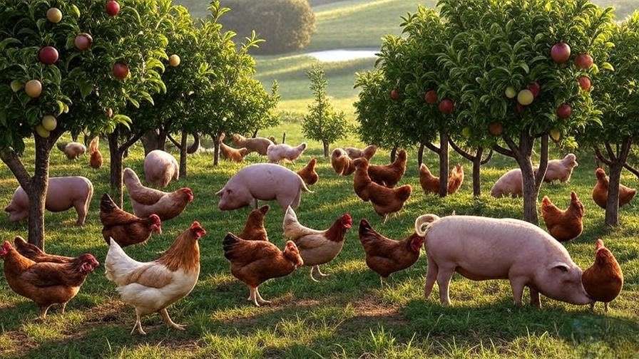 Chickens and pigs grazing in silvopasture under fruit trees in Mark Shepard permaculture.