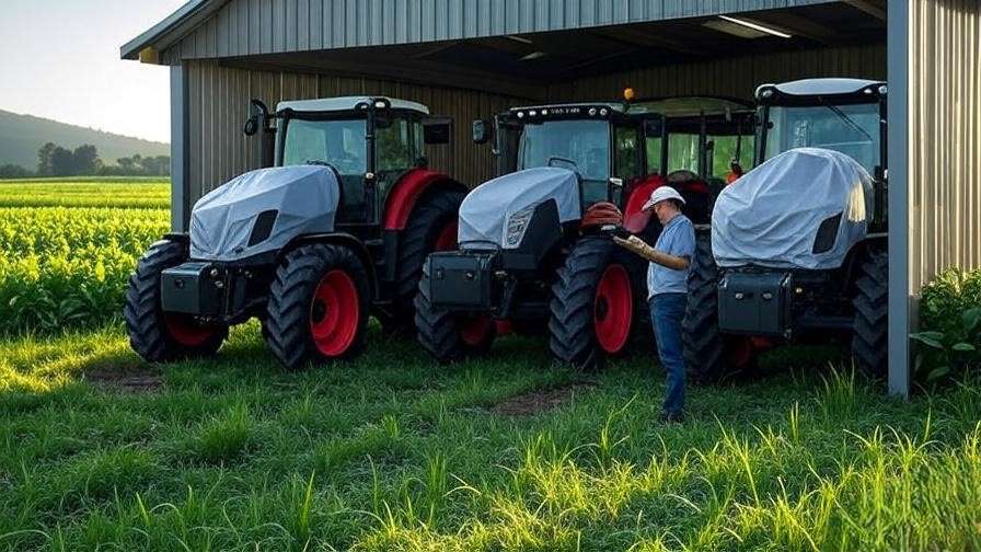 Farm shed with covered tractors and farmer using IoT pest sensor in farmland