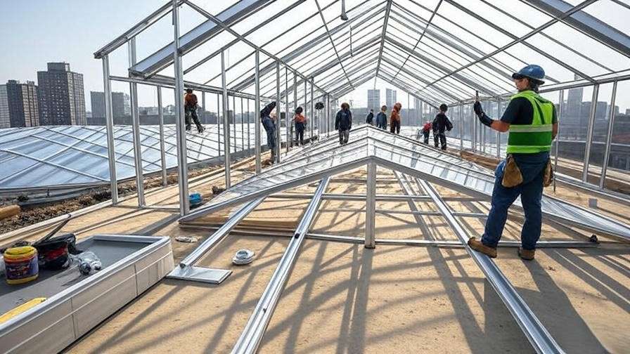 Rooftop greenhouse construction with workers installing panels on urban rooftop