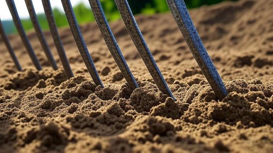 Close-up of manual cultivator tines in sandy soil for gardening.