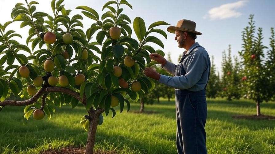 Farmer checking winter banana apple tree for pests with natural control methods 