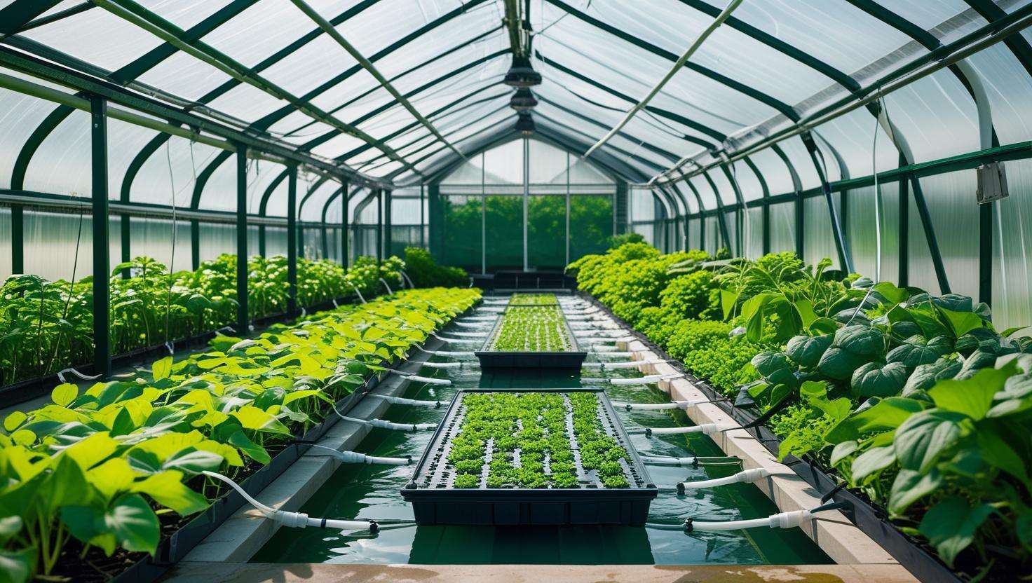 Water recycling system in a sustainable greenhouse with irrigation lines. 