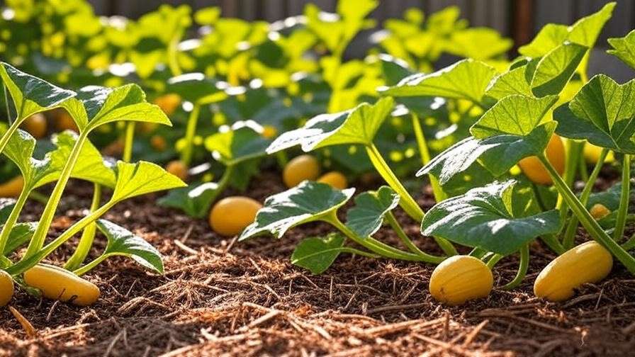 Yellow squash plants with beans and organic mulch under warm sunlight.