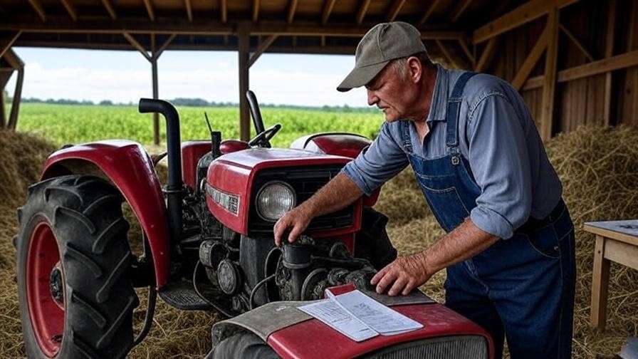 Farmer inspecting compact tractor engine with tools and checklist in barn.