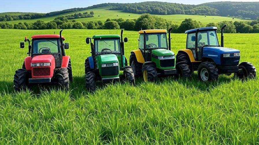 Comparison of five compact tractors in a green field under clear sky.