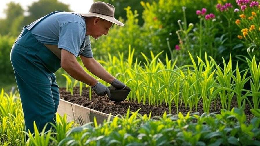 Gardener testing soil with fertilizer and yellow crop seedlings.