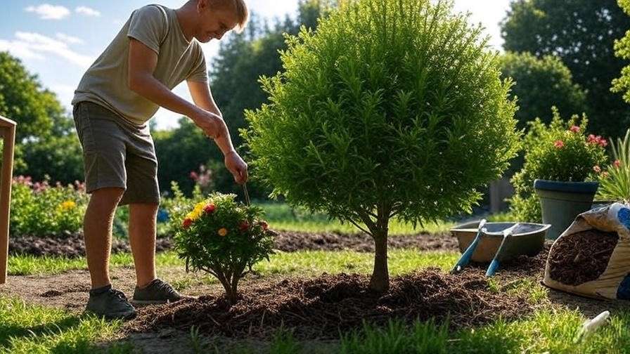 Person planting a shade-loving shrub with mulch and tools in a shaded garden.