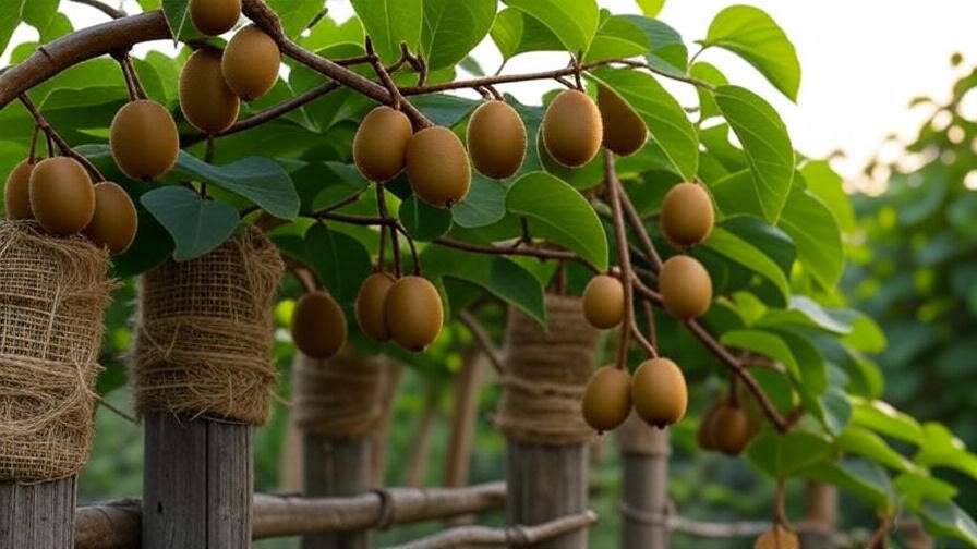 Trellised golden kiwi vine with fruits and burlap supports.