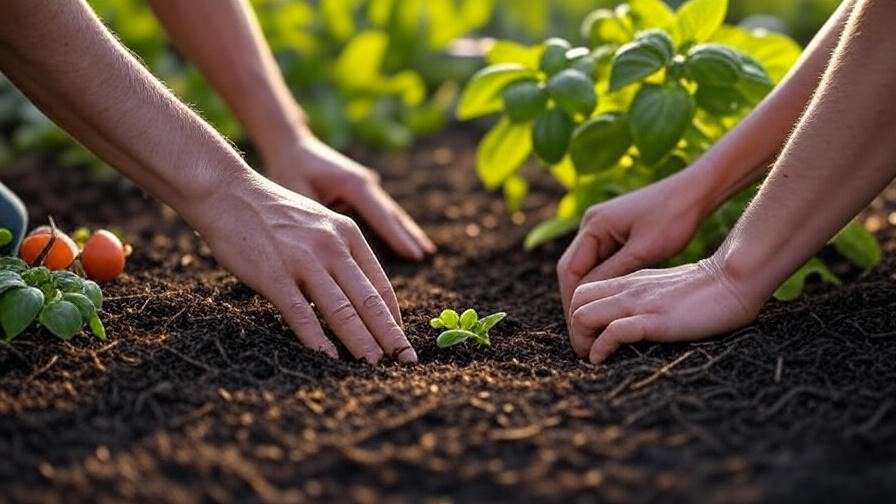 A close-up of hands planting seeds in a permaculture garden with companion plants and mulched soil, emphasizing sustainable practices.
