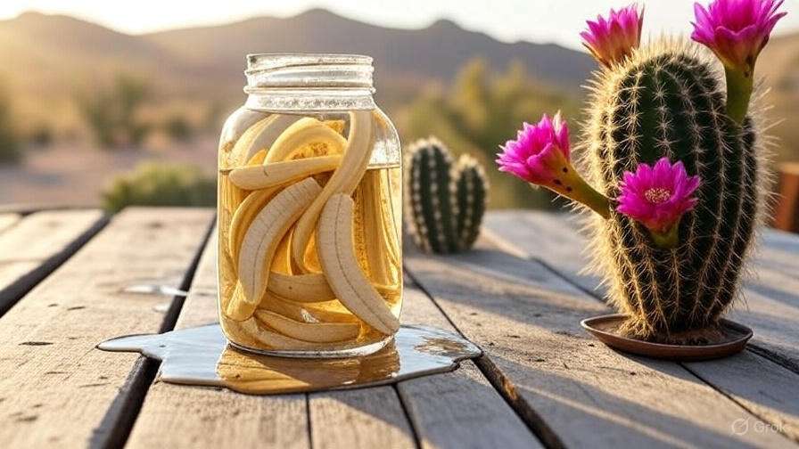  Homemade compost tea and banana peels next to a flowering cactus on a desert garden table.
