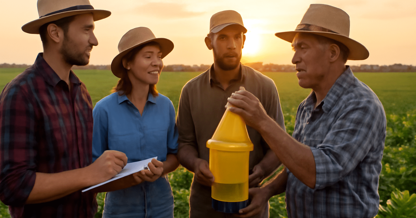 Farmers collaborating on fruit fly pest control in rural field