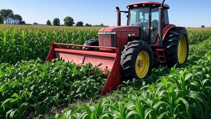 Tractor-mounted blade mulcher in an organic field with diverse crops under blue skies.
