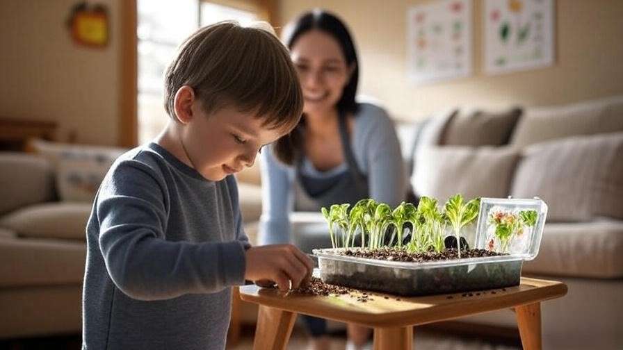 Child planting seeds in a micro salad growing kit with parent in a cozy living room