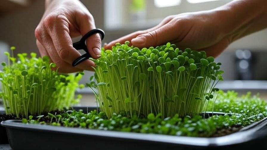 Hands harvesting fresh microgreens from a tray with scissors, illustrating a healthy home gardening process.