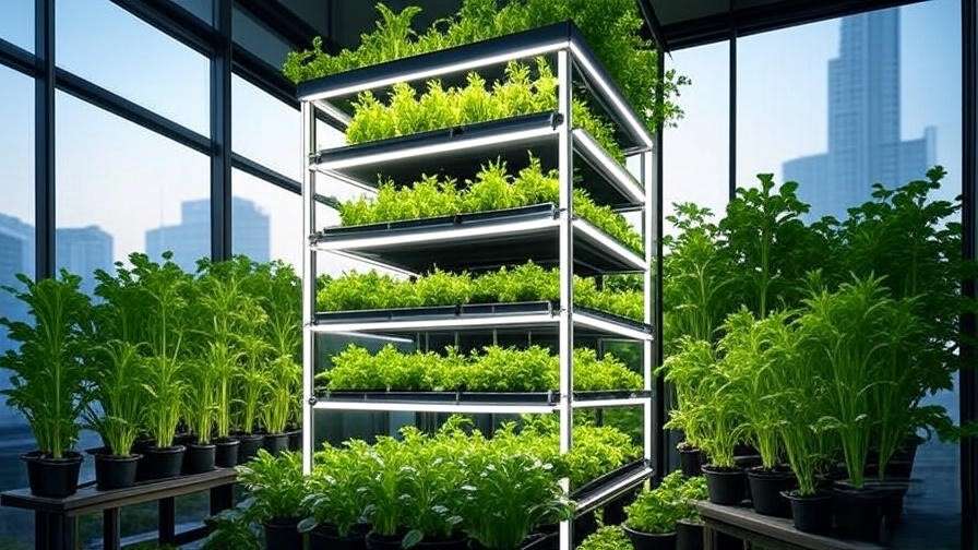 Modern hydroponic tower with potted bamboo and LED lights in an urban vertical farm.