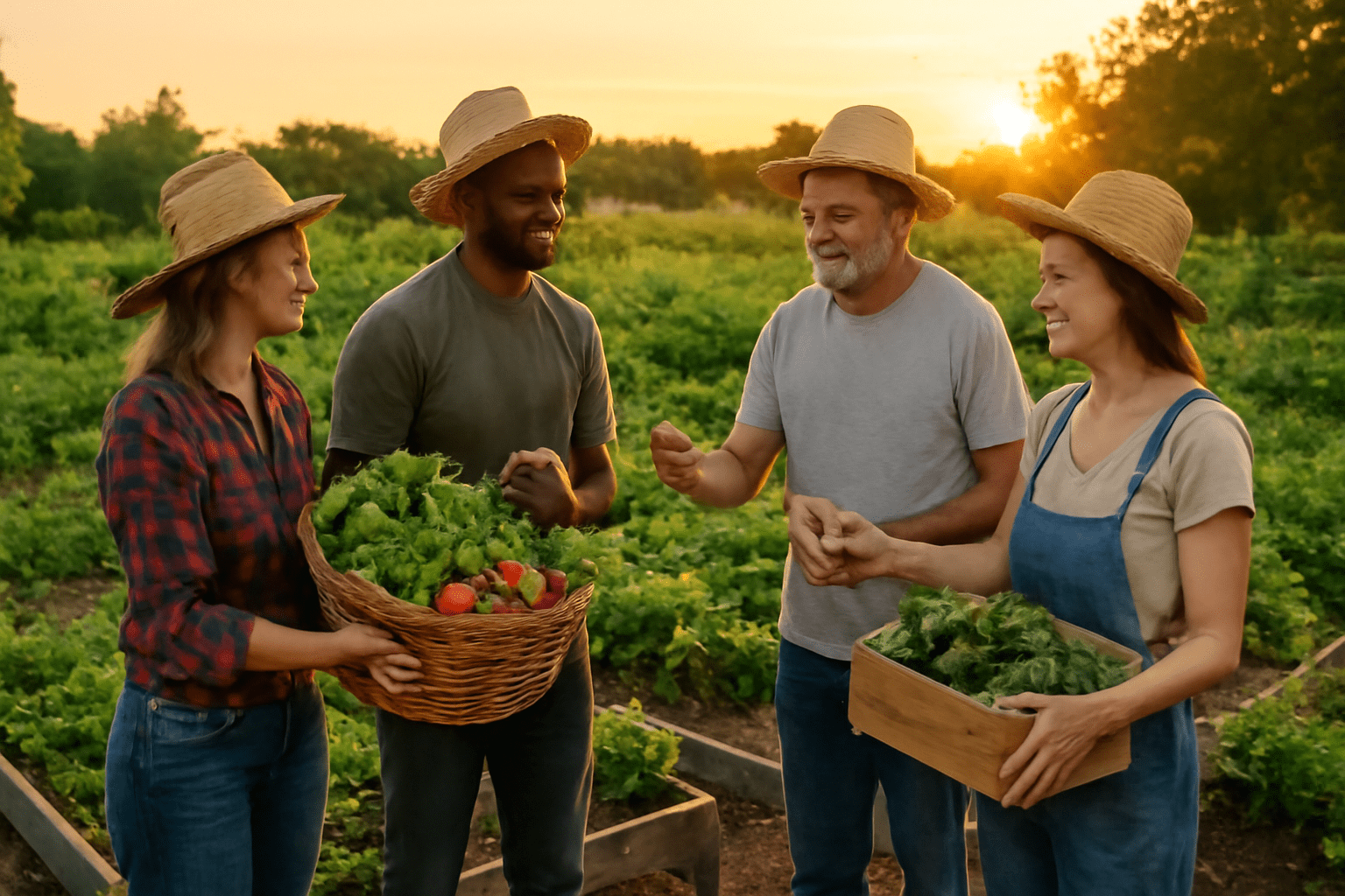 Community garden sharing veggies and seeds in permaculture setting