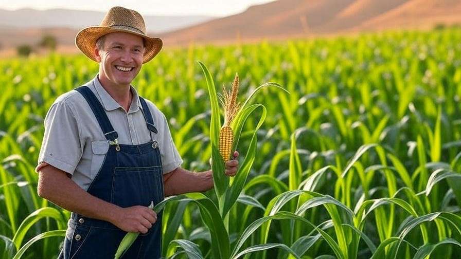 Smiling farmer holding a healthy maize cob in a field grown with aqua soil, set against an arid landscape, showcasing farming success.