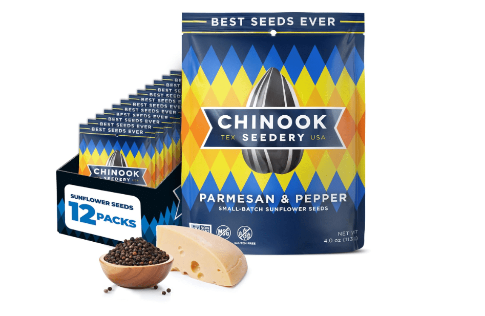 Chinook Seedery Roasted Jumbo Sunflower Seeds - Keto Snacks - Best For Snack Packs - Gluten Free, Non GMO Snack Food Gifts - 4 ounce (Pack of 12) - Parmesan 