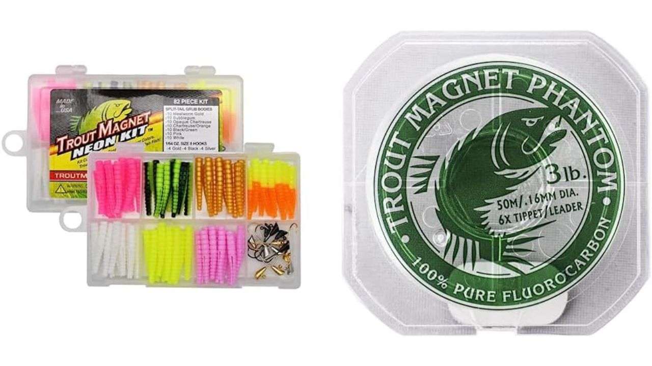 Trout Magnet 82-Piece Neon Fishing Gear Kit, Includes 70 Grub Bodies Trout Bait and 12 Size 8 Hooks