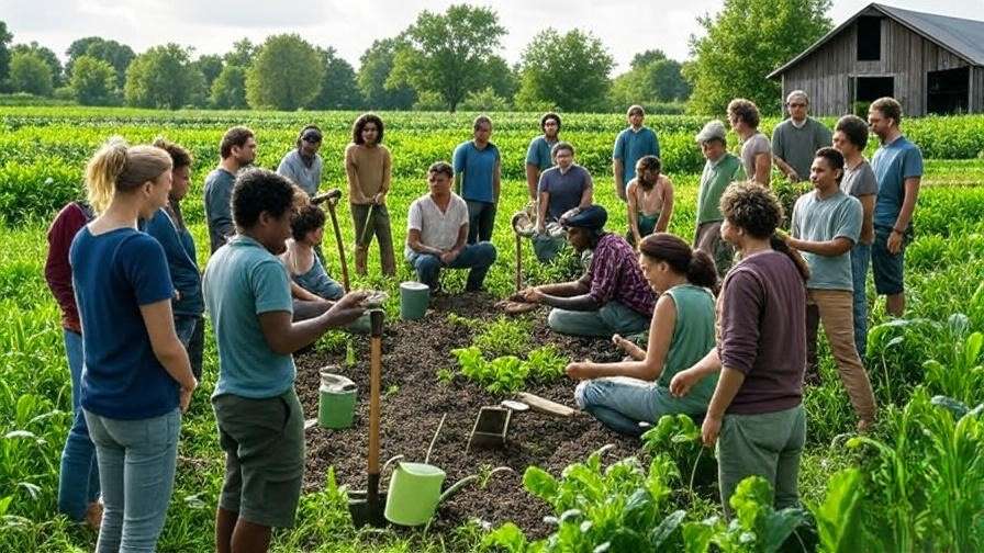 Community workshop learning Mark Shepard permaculture techniques in a farm setting.