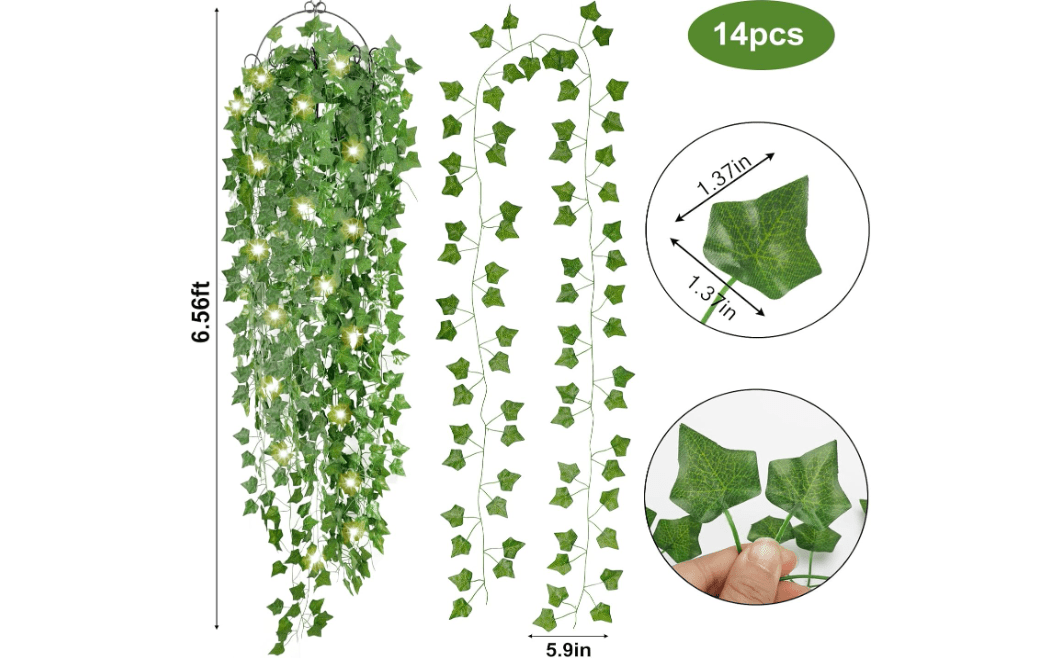 CEWOR 14 Pack 98 Feet Fake Ivy with Lights, Artificial Garland with 100 LED String Lights Greenery Hanging Plant Vine for Bedroom Wall Decor Wedding Party 