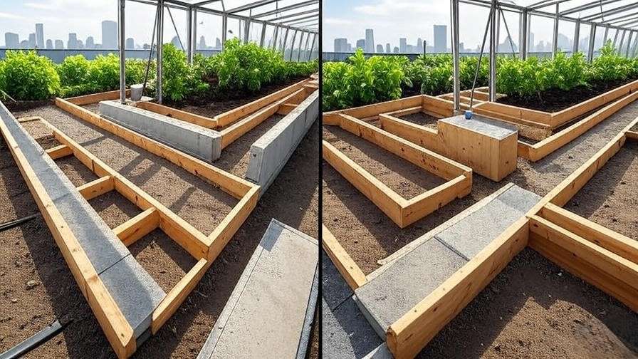 Step-by-step rooftop greenhouse construction with raised beds and plants
