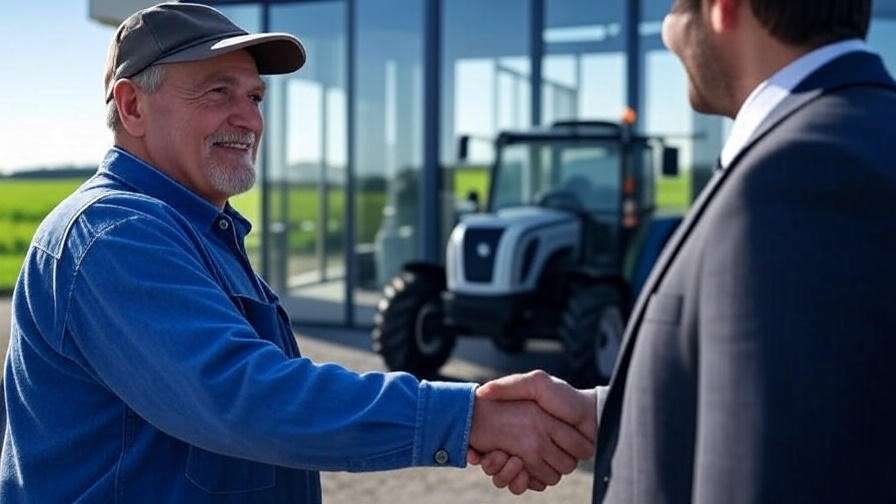 Compact tractor at dealership with farmer and dealer shaking hands.