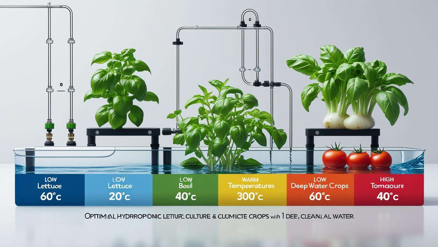Infographic of optimal temperature ranges for lettuce, basil, and tomatoes in DWC system
