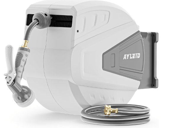 Ayleid Retractable Garden Hose Reel,5/8 in x 100 FT Wall Mounted Hose Reel, with 9- Function Sprayer Nozzle, Any Length Lock/Slow Return System/Wall Mounted/180°Swivel Bracket (Grey)