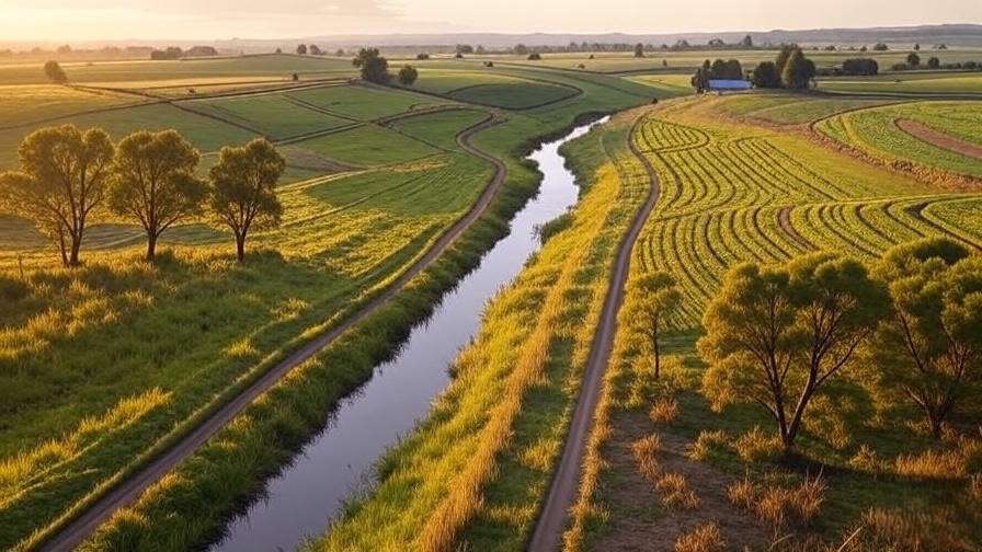 Farmland with cover crops, contour farming, and buffer zones for soil and water conservation.