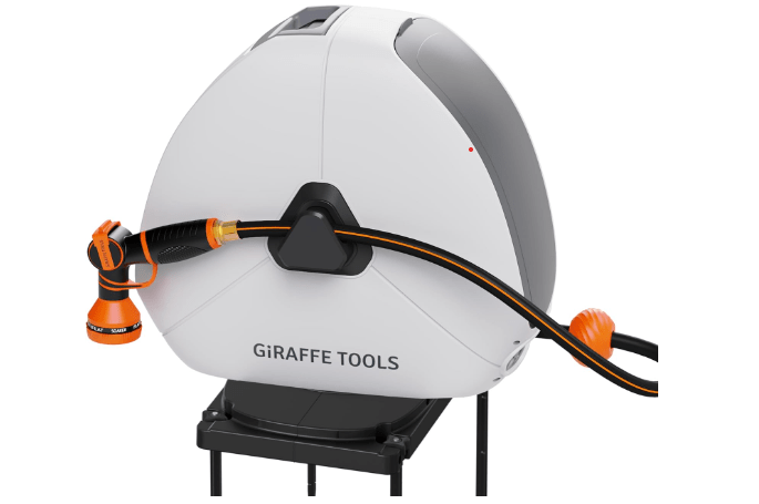 Giraffe Tools Retractable Hose Reel with 1/2 Inch x 100FT, Heavy Duty Ground Mount Garden Hose Reel, Automatic Rewind,with 9-Function Sprayer Nozzle & Flexible Swivel Base
