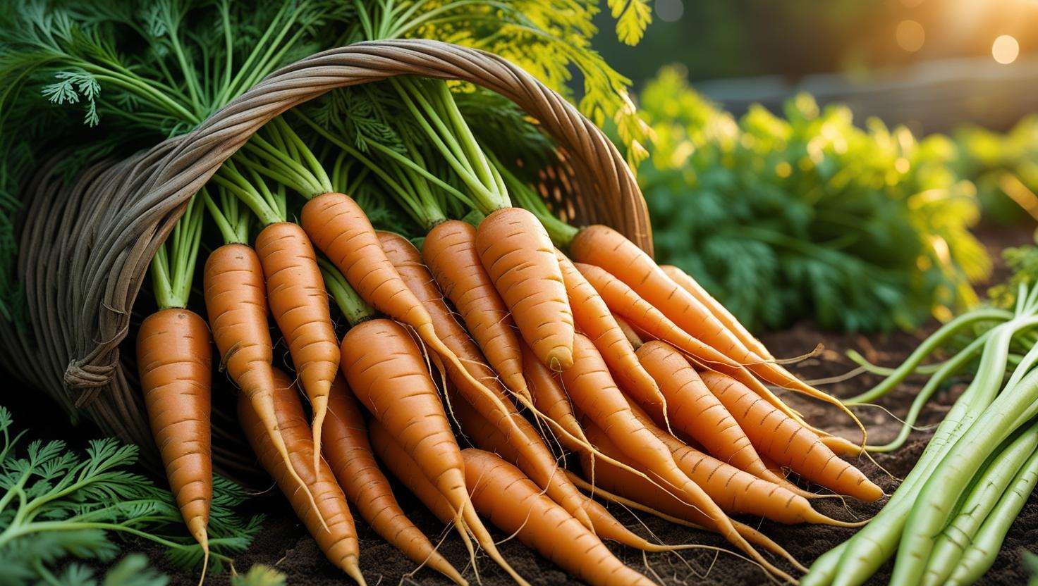 Basket of freshly harvested carrots from a compost-enriched garden bed.