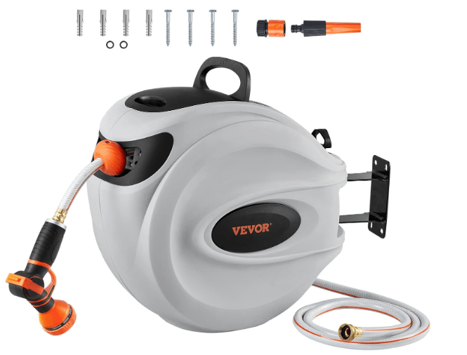 VEVOR Retractable Hose Reel, 100 ft x 1/2 inch, 180° Swivel Bracket Wall-Mounted, Garden Water Hose Reel with 9-Pattern Nozzle, Automatic Rewind, Lock at Any Length, and Slow Return System