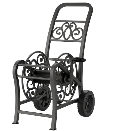 Suncast Metal Decorative 150' Hose Cart with Flat-Free Wheels and Foot Caps, Stylish Garden Hose Reel Cart for 150' of Standard Vinyl Hose, Made in the USA