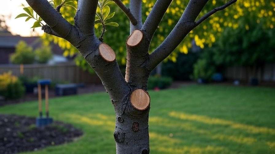 Pruned apple tree trained in central leader system in a backyard.