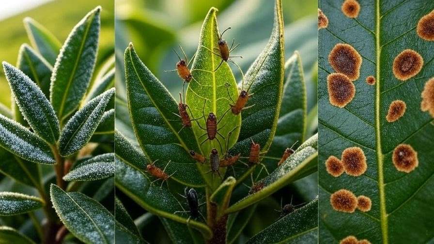 Montage showing frost on tea leaves, aphids on fresh shoots, and fungal spots on leaves—three smaller images arranged side-by-side.