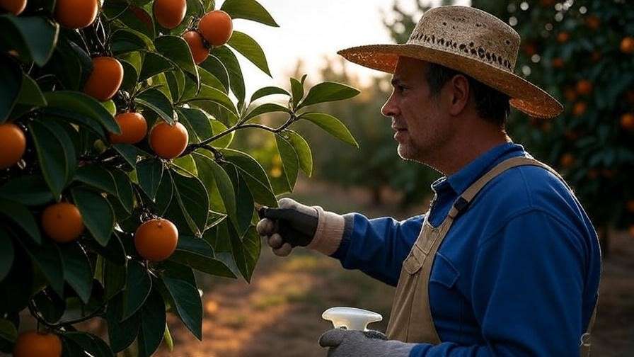 Farmer inspecting persimmon tree for pests with natural spray