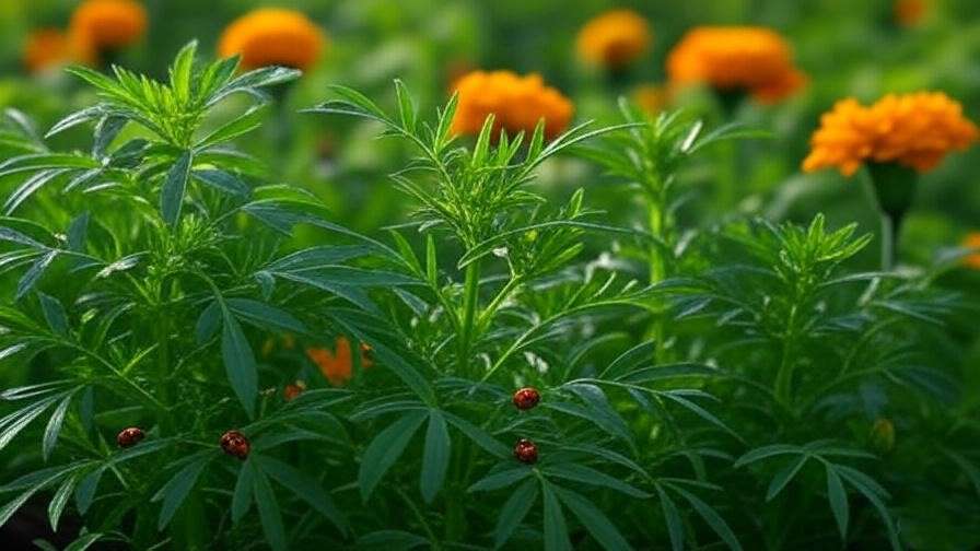 Organic lentil plants with marigolds and ladybugs for natural pest control in a farm setting.