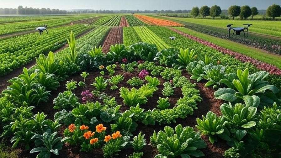 A futuristic farm scene with drones monitoring a conventional agriculture field and a permaculture plot with bio-mimicry designs, showcasing innovation.