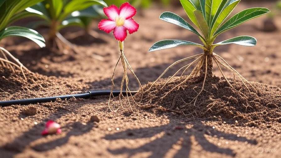 Efficient drip irrigation and mulching in desert rose cultivation with crop rotation for water conservation in arid soils.