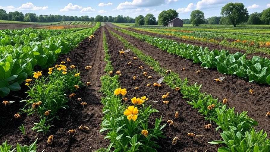 Mulched organic field with and healthy soil under a bright sky.