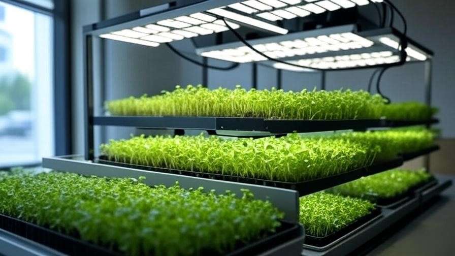 Advanced microgreen setup with trays and LED lights, demonstrating scalable indoor gardening solutions.