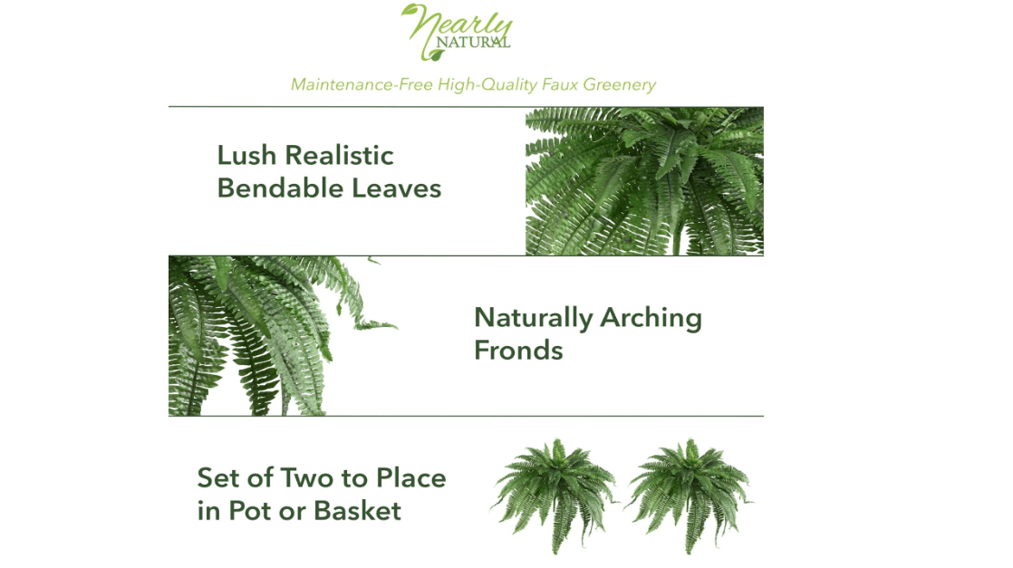 Nearly Natural 48-in Artificial Boston Fern, Set of 2, Large Hanging Fake Plant Wall Decor with 67 Fronds, Faux Fern Vines that Look Real for Home and 